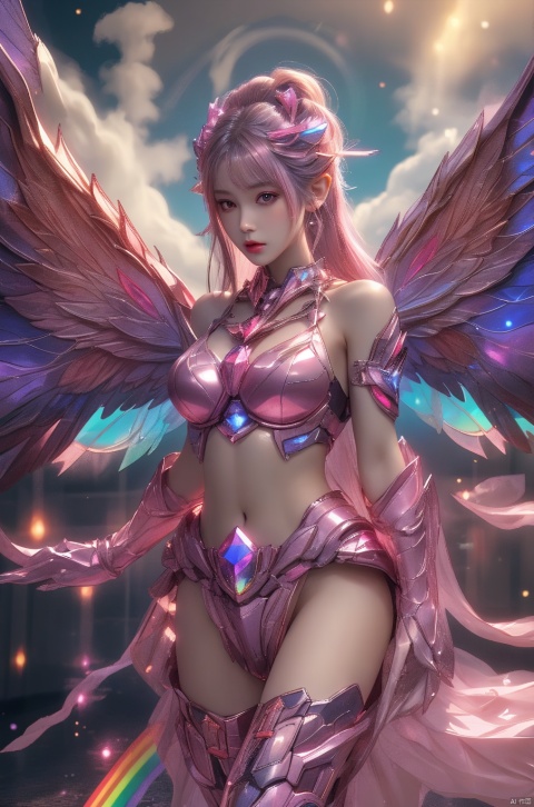  1girl,crystal wings, Fairy, pink Mecha, All the Colours of the Rainbow,