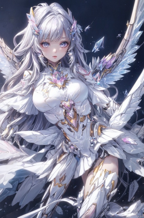  1girl,crystal wings, Fairy, white Mecha, All the Colours of the Rainbow,moyou