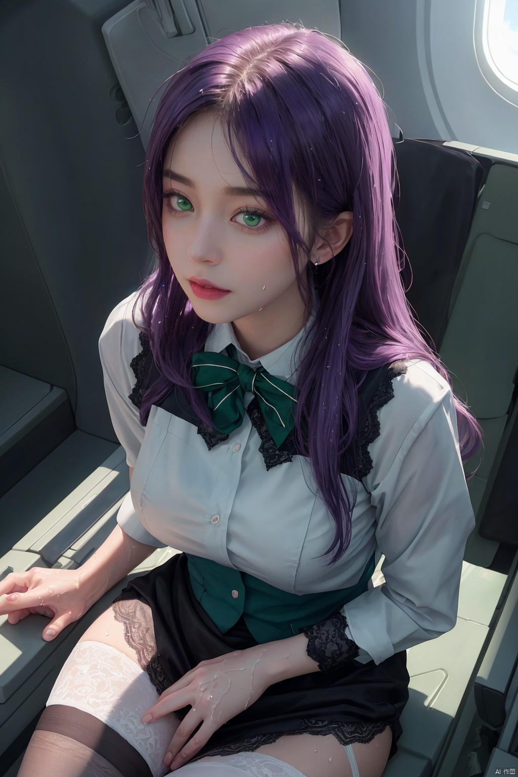  best quality,highly detailed,masterpiece,ultra-detailed,{photorealistic}, NSFW, Erotic_stewardess_uniform, purple hair,green eyes, photogenic, lace_stockings,overexposure,{wet clothes},cinematic_angle,in_plane