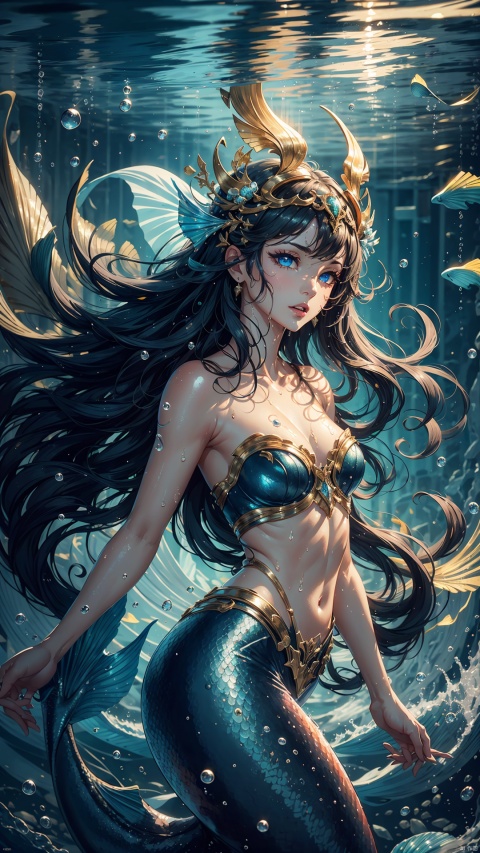  Masterpiece, Best quality,solo,upper body,facing the audience,up close,(full body:1.2),A mermaid, beauty, blue-black hair, long hair, all wet, bare collarbones, half-naked breasts, medium breasts, delicate features, beautiful face, beautiful eyes, big eyes, delicate eyes, super detail, holding a trident in hand, the background is the sea, the waves, the waves, the sexy posture, the silver glittering fish scale, the armor plate of the fish scale, Nine heads, small waists, full bodies, sexy bodies, delicate lips, blue fins, the sea is roaring,Blue eyes, beautiful eyes, beautiful mouth, fair skin, clean face,