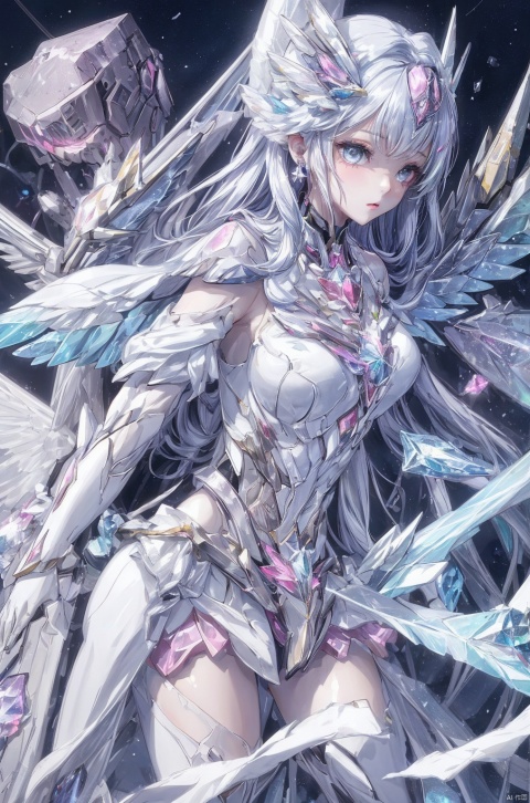  1girl,crystal wings, Fairy, white Mecha, All the Colours of the Rainbow,moyou