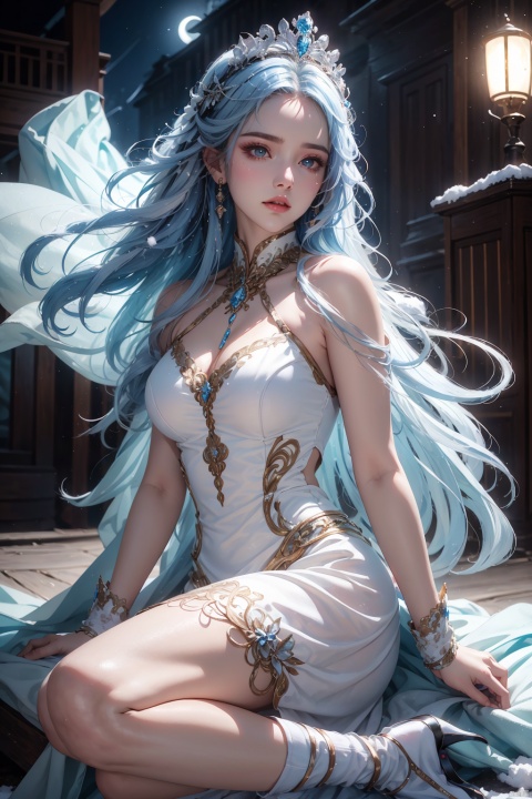  (Masterpiece:1.2), best quality, (night sky, wery long blue hair:1.2),(illustration:1.2), beautiful scenery, scared,(Masterfully crafted Glow, lens flare), (ultra-detailed), hyper details, (delicate detailed), (intricate details), (cinematic light, best quality Backlights), clear line, new world, viewer, solo female, perfect body, (1female), (Bright bioluminescent hair hair, bright glowing eyes), (Dynamic:1.3), ((makeup)), high contrast, (best illumination, an extremely delicate and beautiful), ((cinematic moonlight)), colourful, ((Photoshop Pastel Painting:1.1)), ethereal, (Cinematic masterpiece),suspense, splashes of colour, absolutely eye-catching, ((caustic)), dynamic angle ,beautiful (detailed glow), (eerie),(Intricate Detailed Cinematic Scenery Behind:1.2),ambient occlusion, (ambient moonlight), ray-traced reflections, intricately detailed visible background, night snow storm, stars, very long curly white hair, ice queen, white and light blue gothic royal dress with embroidery, long embroidered stockings, crystals and pearls, big halo shaped crown, ice crystals around, snow storm, mature woman, 1girl,yellow_footwear,high_heels, Shifengji, Milk_shower, ((Binding))