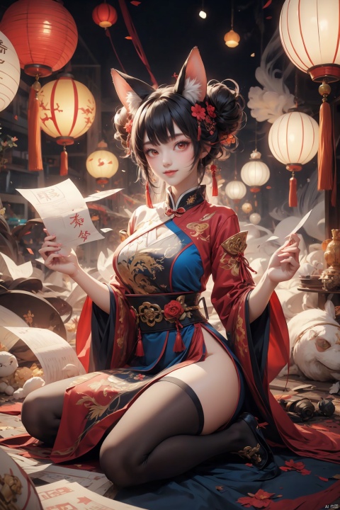  huge filesize,1girl,animal ears,new year,dragon,red eyes,lantern,looking at viewer,chinese zodiac,solo,paper lantern,wide sleeves,double bun,tail,sitting,pantyhose,chinese clothes,smile,own hands together,blush,dress,