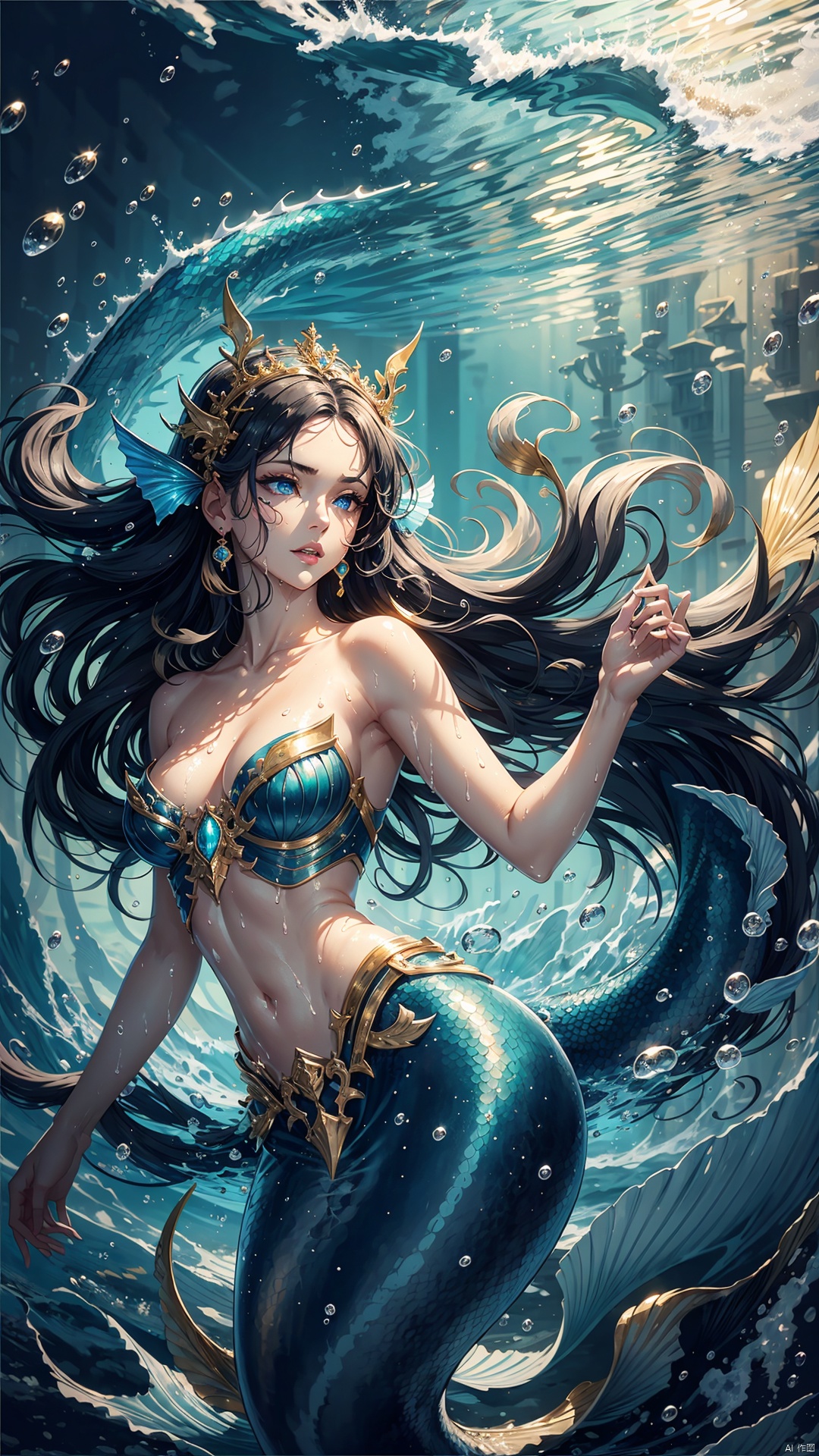  Masterpiece, Best quality,solo,upper body,facing the audience,up close,(full body:1.2),A mermaid, beauty, blue-black hair, long hair, all wet, bare collarbones, half-naked breasts, medium breasts, delicate features, beautiful face, beautiful eyes, big eyes, delicate eyes, super detail, holding a trident in hand, the background is the sea, the waves, the waves, the sexy posture, the silver glittering fish scale, the armor plate of the fish scale, Nine heads, small waists, full bodies, sexy bodies, delicate lips, blue fins, the sea is roaring,Blue eyes, beautiful eyes, beautiful mouth, fair skin, clean face,