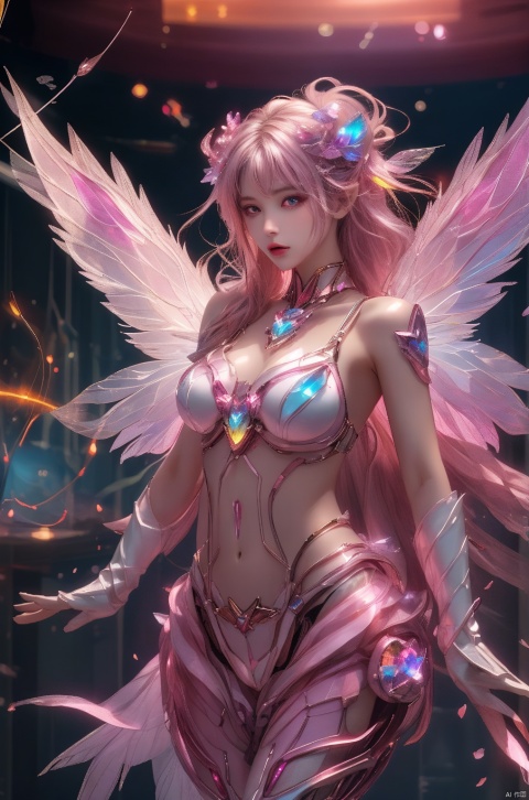  1girl,crystal wings, Fairy, pink Mecha, All the Colours of the Rainbow,