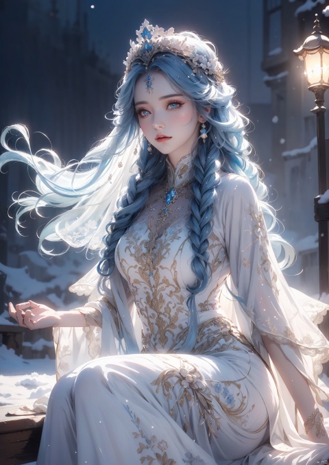  (Masterpiece:1.2), best quality, (night sky, wery long blue hair:1.2),(illustration:1.2), beautiful scenery, scared,(Masterfully crafted Glow, lens flare), (ultra-detailed), hyper details, (delicate detailed), (intricate details), (cinematic light, best quality Backlights), clear line, new world, viewer, solo female, perfect body, (1female), (Bright bioluminescent hair hair, bright glowing eyes), (Dynamic:1.3), ((makeup)), high contrast, (best illumination, an extremely delicate and beautiful), ((cinematic moonlight)), colourful, ((Photoshop Pastel Painting:1.1)), ethereal, (Cinematic masterpiece),suspense, splashes of colour, absolutely eye-catching, ((caustic)), dynamic angle ,beautiful (detailed glow), (eerie),(Intricate Detailed Cinematic Scenery Behind:1.2),ambient occlusion, (ambient moonlight), ray-traced reflections, intricately detailed visible background, night snow storm, stars, very long curly white hair, ice queen, white and light blue gothic royal dress with embroidery, long embroidered stockings, crystals and pearls, big halo shaped crown, ice crystals around, snow storm, mature woman, 1girl,yellow_footwear,high_heels, Shifengji