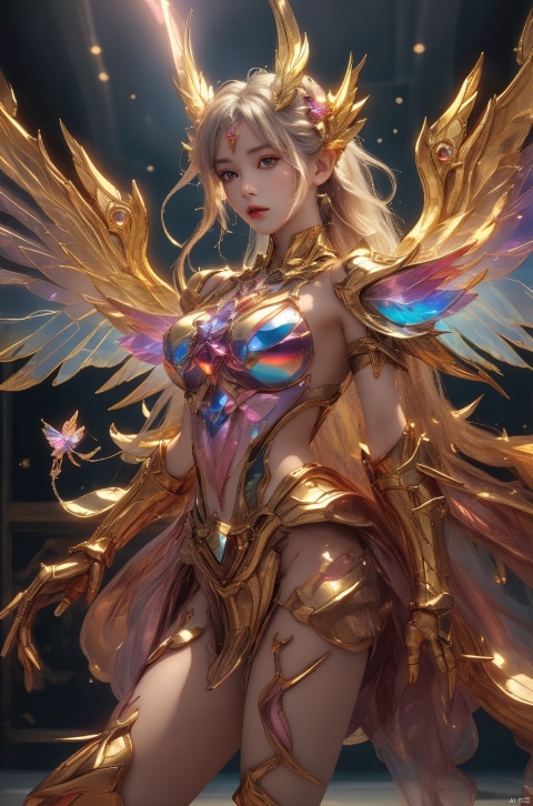  1girl,crystal wings, Fairy, gold Mecha, All the Colours of the Rainbow,