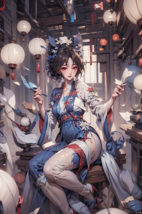  huge filesize,1girl,animal ears,new year,dragon,red eyes,lantern,looking at viewer,chinese zodiac,solo,paper lantern,wide sleeves,double bun,tail,sitting,pantyhose,chinese clothes,smile,own hands together,blush,dress,