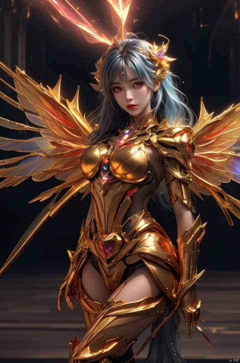  1girl,crystal wings, Fairy, gold Mecha, All the Colours of the Rainbow,