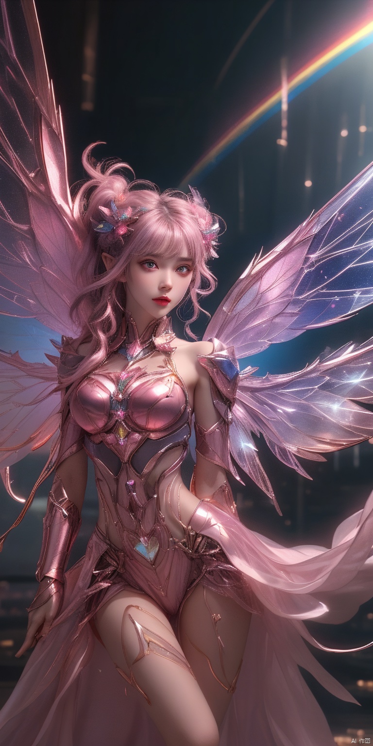  1girl,crystal wings, Fairy, Pink Mecha, All the Colours of the Rainbow,