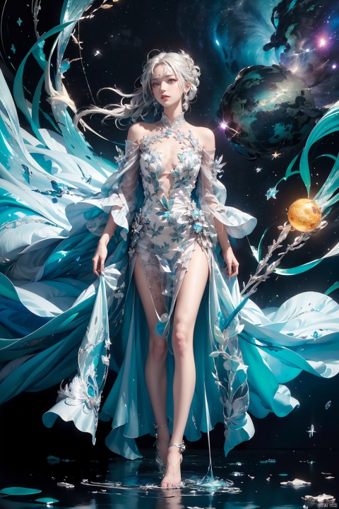  (((green, silver, glimmer)), limited palette, contrast, phenomenal aesthetic, best quality, sumptuous artwork, (masterpiece), (best quality), (ultra-detailed),(((illustration))), ((an extremely delicate and beautiful)),(detailed light),1girl,cold theme, broken glass, broken wall,((an array of stars)),((starry sky)),the Milky Way,star,Reflecting the starry water surface,(1girl:1.3)aqua theme,white hair,blinking,white dress,closed mouth,constel lation,flat color,noline art,full Glass sphere,girl inside glass sphere,white hair,braid,blinking,white robe,bust \(sculpture\),barefoot,float,closed mouth,constel lation,flat color,holding,holding wand,looking up,standing,male focus,medium hair,standing,solo,space,universe,utaite(singer),Nebula,many stars,,
