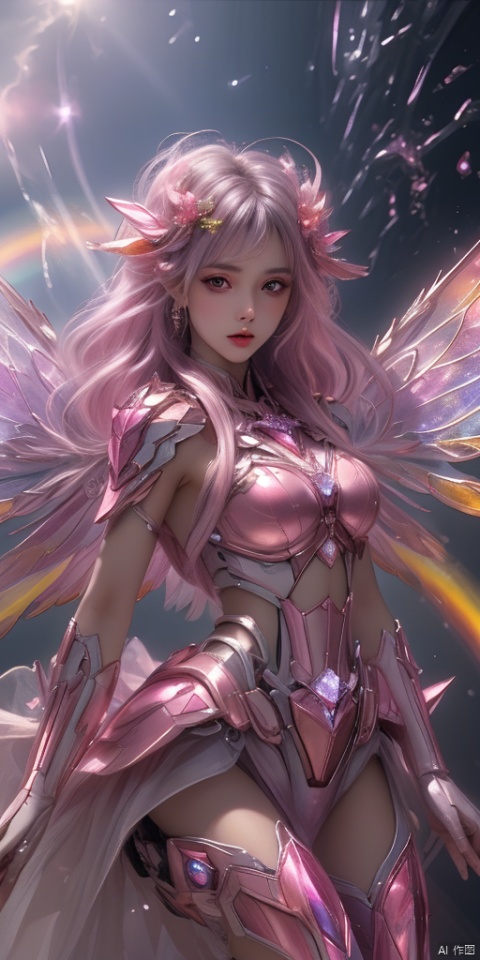 1girl,crystal wings, Fairy, Pink Mecha, All the Colours of the Rainbow,