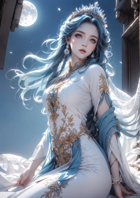  (Masterpiece:1.2), best quality, (night sky, wery long blue hair:1.2),(illustration:1.2), beautiful scenery, scared,(Masterfully crafted Glow, lens flare), (ultra-detailed), hyper details, (delicate detailed), (intricate details), (cinematic light, best quality Backlights), clear line, new world, viewer, solo female, perfect body, (1female), (Bright bioluminescent hair hair, bright glowing eyes), (Dynamic:1.3), ((makeup)), high contrast, (best illumination, an extremely delicate and beautiful), ((cinematic moonlight)), colourful, ((Photoshop Pastel Painting:1.1)), ethereal, (Cinematic masterpiece),suspense, splashes of colour, absolutely eye-catching, ((caustic)), dynamic angle ,beautiful (detailed glow), (eerie),(Intricate Detailed Cinematic Scenery Behind:1.2),ambient occlusion, (ambient moonlight), ray-traced reflections, intricately detailed visible background, night snow storm, stars, very long curly white hair, ice queen, white and light blue gothic royal dress with embroidery, long embroidered stockings, crystals and pearls, big halo shaped crown, ice crystals around, snow storm, mature woman, 1girl,yellow_footwear,high_heels, Shifengji