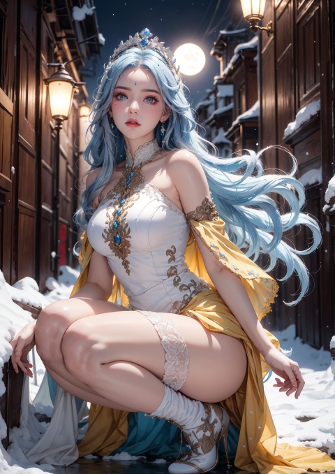  (Masterpiece:1.2), best quality, (night sky, wery long blue hair:1.2),(illustration:1.2), beautiful scenery, scared,(Masterfully crafted Glow, lens flare), (ultra-detailed), hyper details, (delicate detailed), (intricate details), (cinematic light, best quality Backlights), clear line, new world, viewer, solo female, perfect body, (1female), (Bright bioluminescent hair hair, bright glowing eyes), (Dynamic:1.3), ((makeup)), high contrast, (best illumination, an extremely delicate and beautiful), ((cinematic moonlight)), colourful, ((Photoshop Pastel Painting:1.1)), ethereal, (Cinematic masterpiece),suspense, splashes of colour, absolutely eye-catching, ((caustic)), dynamic angle ,beautiful (detailed glow), (eerie),(Intricate Detailed Cinematic Scenery Behind:1.2),ambient occlusion, (ambient moonlight), ray-traced reflections, intricately detailed visible background, night snow storm, stars, very long curly white hair, ice queen, white and light blue gothic royal dress with embroidery, long embroidered stockings, crystals and pearls, big halo shaped crown, ice crystals around, snow storm, mature woman, 1girl,yellow_footwear,high_heels, Shifengji, Milk_shower, ((Binding))