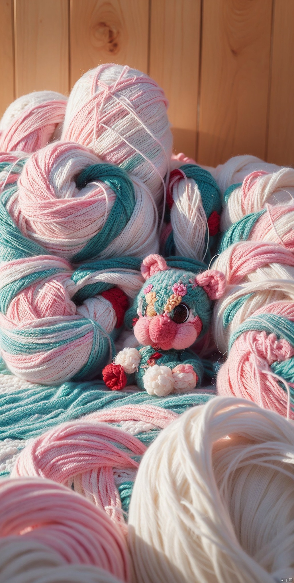 The yarn is placed on a checkered tablecloth, with a neat, high-dimensional, cinematic lighting, close-up, eye level shot, Perfect pixel, 3D, lbb