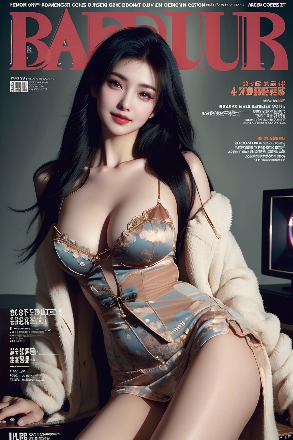  nsfw,80sDBA style, fashion, (magazine: 1.3), (cover style: 1.3),Best quality, masterpiece, high-resolution, 4K, 1 girl, smile, exquisite makeup,shirt,jean,jacket , lace, tv,boombox ,long_hair , yunv, dlrb