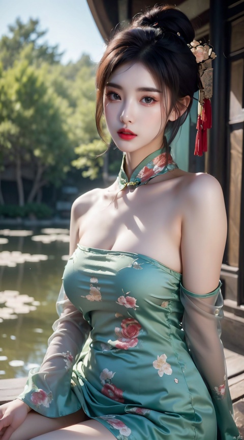 Hanfu, Chinese Clothing, Floral Print, Blue/Yellow/Pink/Green/White/Black Gorgeous Print Long Sleeve, Crimson Printed See-Through Dress, 1 Girl, Short Hair, (((Best Quality)), Absurd, (Ultra High Resolution), (Realism: 1.6), Realistic, Octane Rendering, 8k, 4K, Masterpiece, Realistic Skin Texture, Illustration, Cinematic Lighting, Wallpaper, (Beautiful Eyes: 1.2), Black Eyes, Red Lips, Outdoor, (Chinese Style Village), (Pond), Hanfu,((naked:1.4))