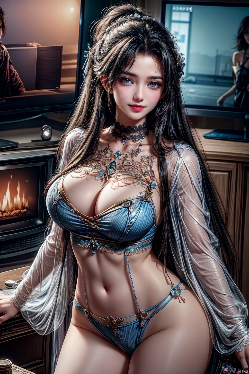  nsfw,80sDBA style, fashion, Best quality, masterpiece, high-resolution, 4K, 1 girl, smile, exquisite makeup,shirt,jean,lace, tv,boombox ,longhair , yunv, dlrb,