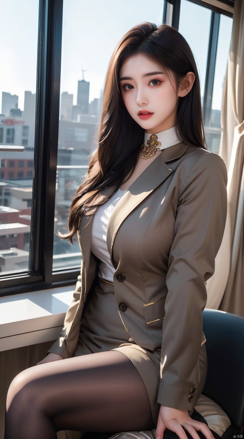  1girl,office,orehead mark,mole,(European model: 1.3),31 years old, exquisite, business women's clothing, (jacket: 1.1),High collar,(shirt: 1.1), filigreth, quality, skyscraper boss's office, windows that can see the cityscape, film grain, depth of field ,