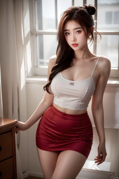  nsfw,mini skirt,camisole,white nipples standing out from under clothing,sexy pose,hair bun,darkred hair,beautiful woman,boyish