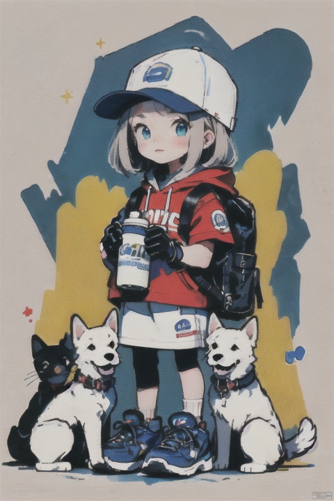  graffiti, 1girl, animal, animal collar, backpack, bag, baseball cap, beanie, bear, bell, blue background, blue eyes, blue headwear, blue jacket, blue sky, blush, bottle, calico, cat, closed mouth, clothed animal, cloud, collar, cow, cowbell, day, dog, drinking straw, gloves, hat, holding, holding leash, holding strap, hood, hood down, hoodie, jacket, keychain, leash, long sleeves, milk, milk bottle, neck bell, polar bear, pouch, red collar, shiba inu, shoes, sky, smile, star \(symbol\), star print, white cat, white headwear, wmchahua