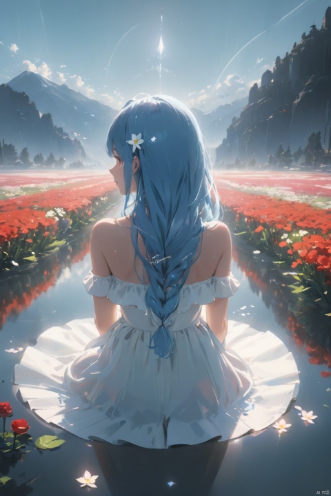 best quality, masterpiece, illustration, (reflection light), incredibly absurdres, (Movie Poster), (signature:1.3), (English text:1.3), 1girl, girl middle of flower, pure skyblue hair, red eyes, clear sky, outside, collarbone, loli, sitting, absurdly long hair, clear boundaries of the cloth, white dress, fantastic scenery, ground of flowers, thousand of flowers, colorful flowers, flowers around her, various flowers, shining