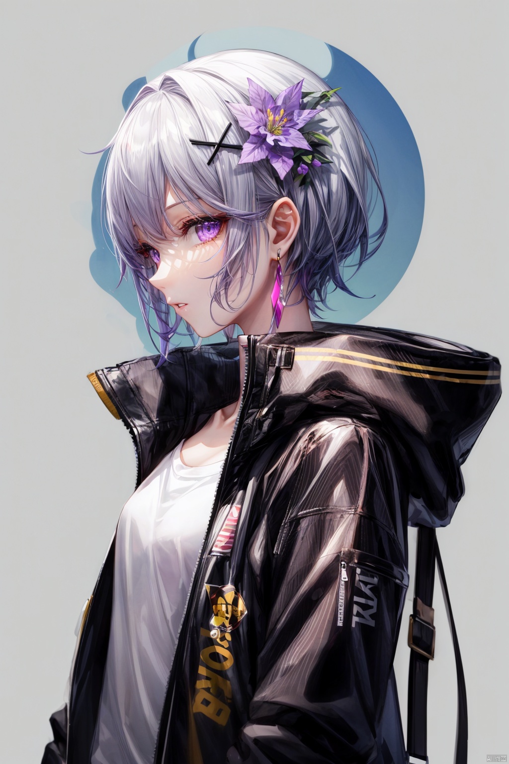  Revised sentence: "A solo girl with short white hair, purple eyes, and a hair ornament is wearing earrings and a black jacket. She has parted lips and is looking at the viewer from the side profile while standing against a simple purple background with a purple flower. Her upper body is covered by the jacket, which has English text on it. Additionally, she has bangs and another hair flower."