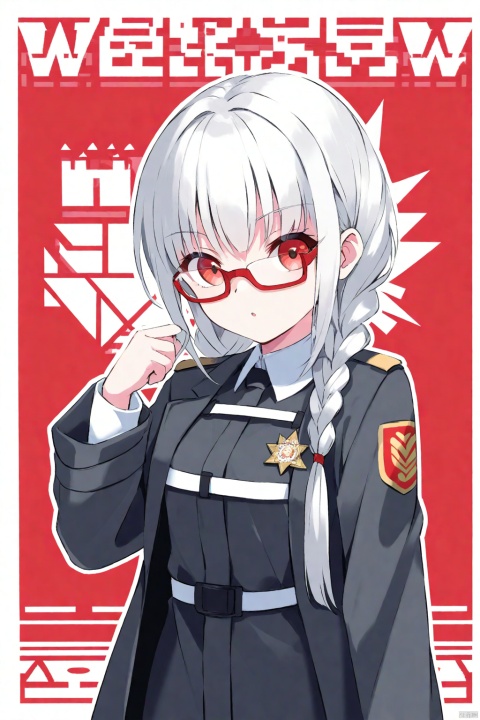 agent uniform, coat, white red pupil, million characters, agent glasses, little girl, double braided hair, Warsaw Pact Organization background