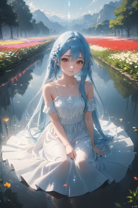 best quality, masterpiece, illustration, (reflection light), incredibly absurdres, (Movie Poster), (signature:1.3), (English text:1.3), 1girl, girl middle of flower, pure skyblue hair, red eyes, clear sky, outside, collarbone, loli, sitting, absurdly long hair, clear boundaries of the cloth, white dress, fantastic scenery, ground of flowers, thousand of flowers, colorful flowers, flowers around her, various flowers, shining