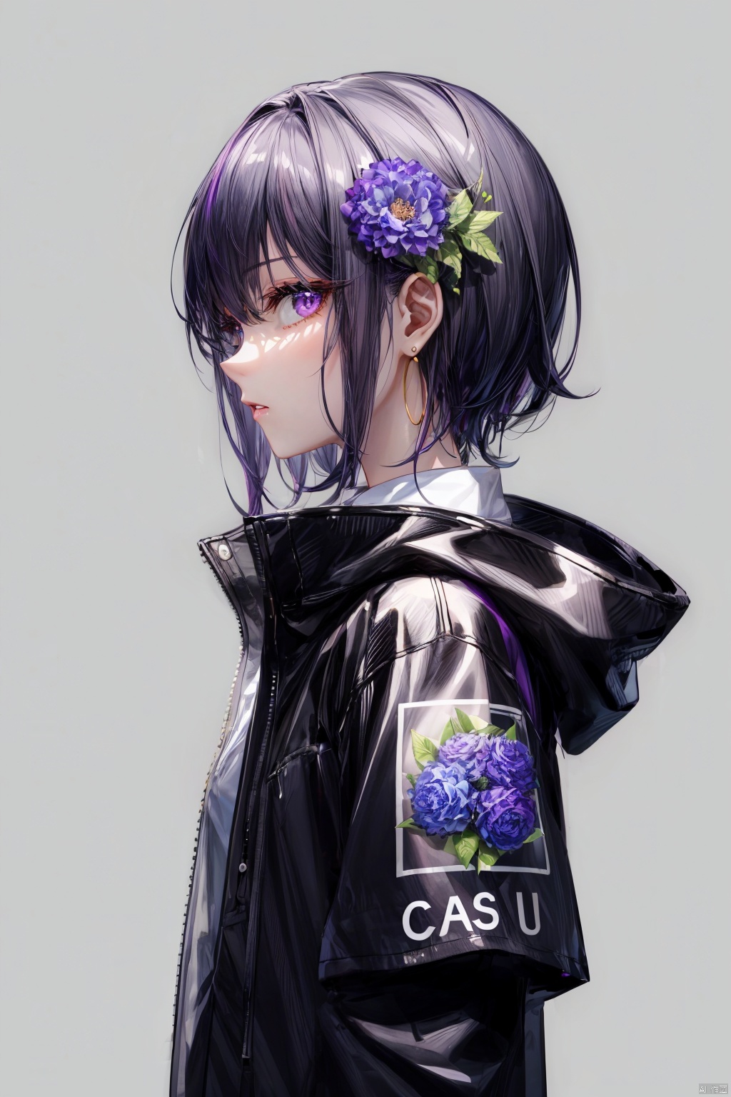  Revised sentence: "A solo girl with short white hair, purple eyes, and a hair ornament is wearing earrings and a black jacket. She has parted lips and is looking at the viewer from the side profile while standing against a simple purple background with a purple flower. Her upper body is covered by the jacket, which has English text on it. Additionally, she has bangs and another hair flower."