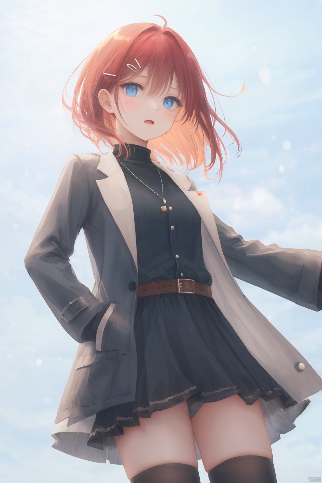  1girl, solo, looking at viewer, short hair, bangs, blue eyes, skirt, simple background, shirt, hair ornament, thighhighs, long sleeves, white background, hair between eyes, jewelry, closed mouth, red hair, cowboy shot, open clothes, alternate costume, hairclip, belt, black thighhighs, virtual youtuber, black skirt, necklace, zettai ryouiki, coat, black shirt, turtleneck, hair intakes, open coat, black coat, hands in pockets, ange katrina