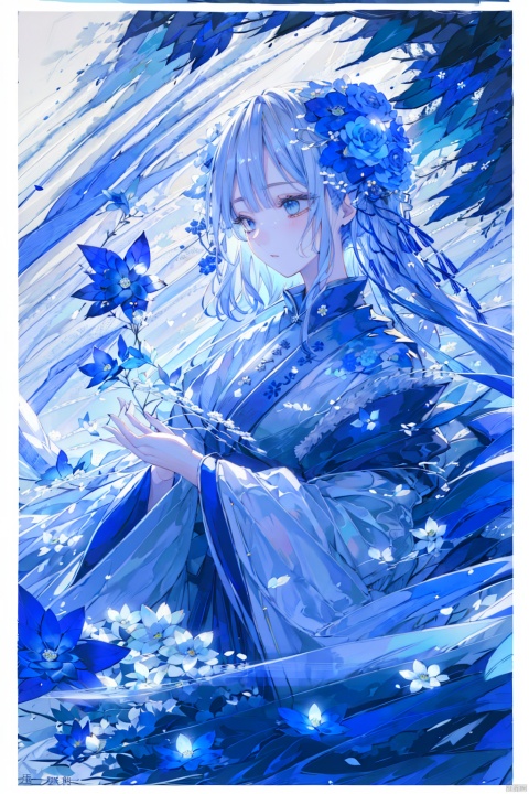  {fantasy theme,chines style},1girl, long hair, white hair, blue eyes, masterpiece, best quality,chinese clothes, hanfu, long sleeves, blue dress, hair flower, blue flower, eyesseye, mzldress