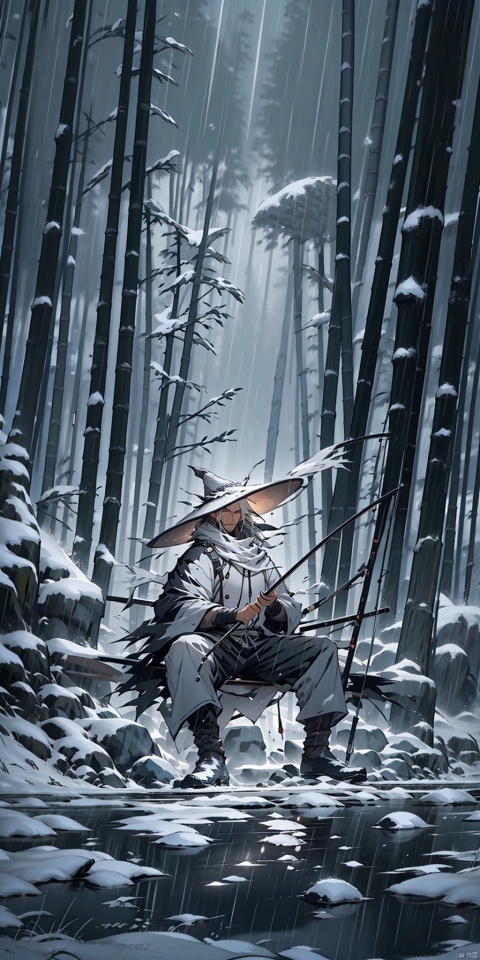 A mysterious man wearing a conical hat, standing alone in the middle of a snowy and icy world, with heavy snowflakes falling all around. He is sitting quietly by the lake, holding a fishing rod, and concentrating on fishing on the frozen lake, surrounded by a silence and whiteness.