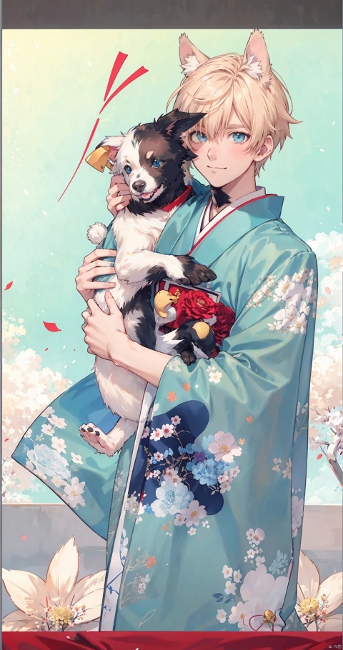  anime style,anime screen,1boy, shorthair, blue eyes, flower, animal ears, solo, looking at viewer, chinese clothes, smile, kimono, red flower, blush, upper body, blurry background, animal, blurry, closed mouth, bangs, red kimono, white hair, long sleeves, print kimono, holding, dog, floral print, animal hug, chinese zodiac, depth of field, holding animal, wide sleeves, mtianmei, 1male