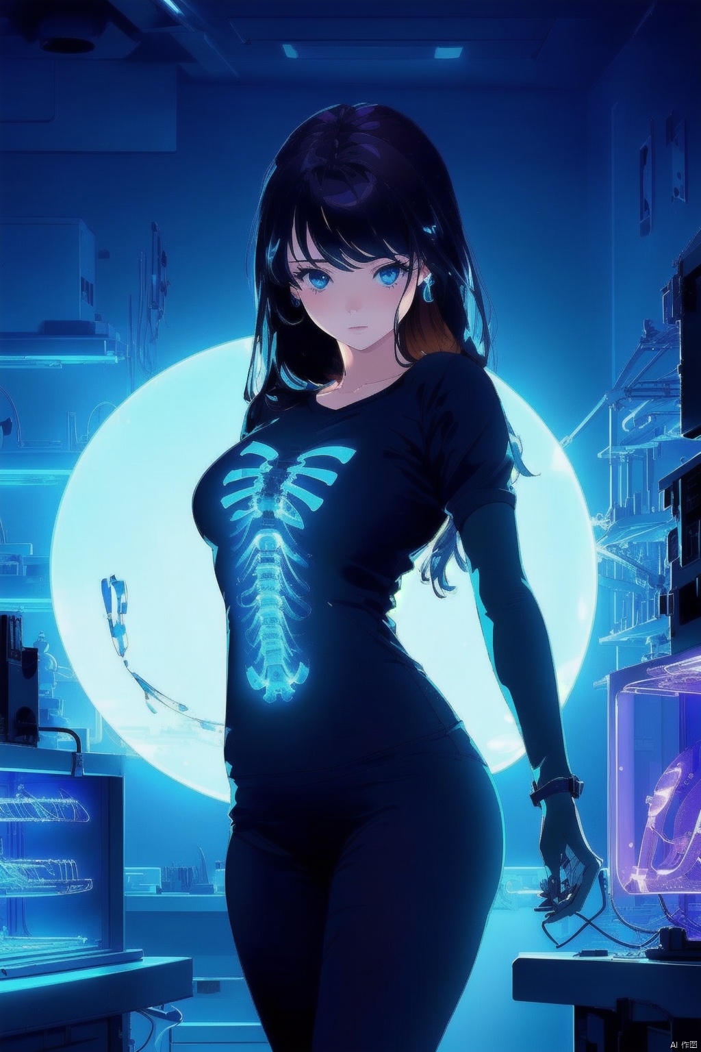  (((masterpiece, best quality))), ((good structure, Good composition, good atomy)), ((clear, original, beautiful)),,1girl,long hair,fantasy,xray girl,blue theme,Tech Lab,