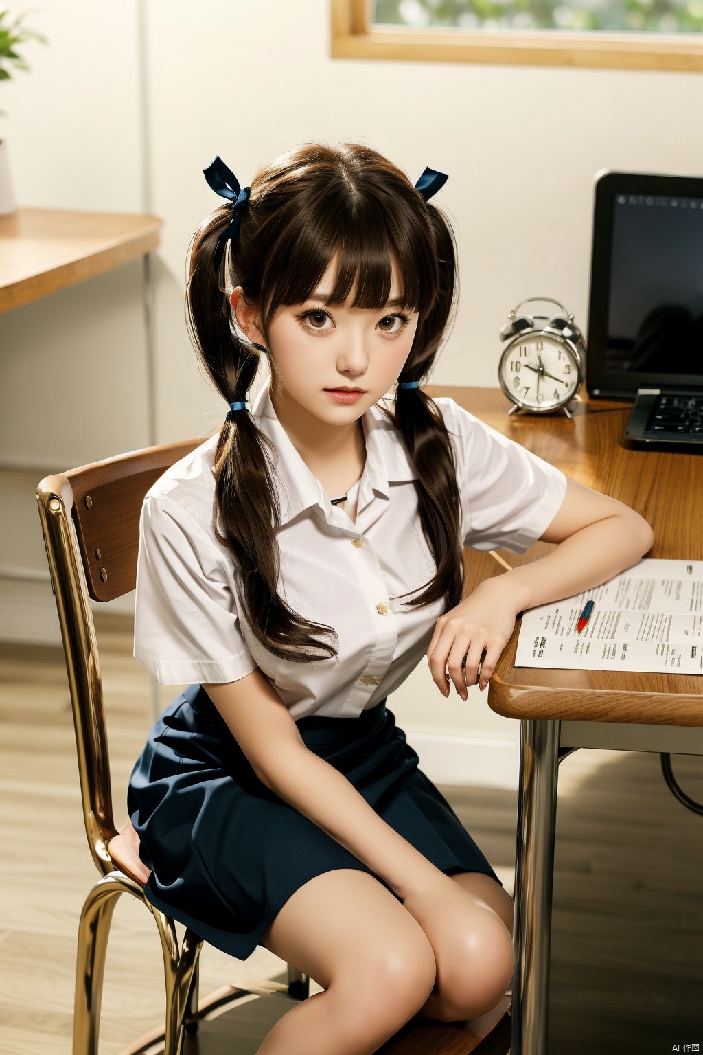  girl,solo,skirt,chair,sitting,shirt,twintails,long hair,looking at viewer,short sleeves,indoors,white shirt,brown hair,realistic,bangs,blurry,black skirt,ribbon,blurry background,blue ribbon,brown eyes,on chair,blunt bangs,hand on own knee,collared shirt,pencil skirt,depth of field,table,desktop,