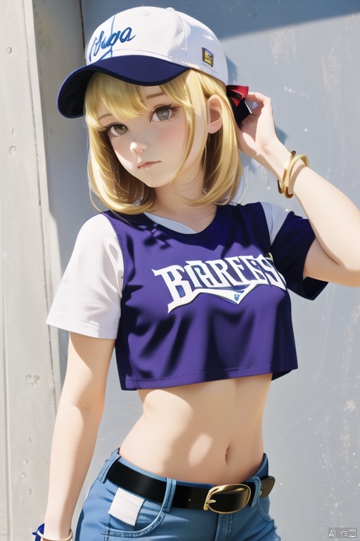  1girl, bangle, bangs, baseball_cap, belt, blonde_hair, blue_bow, blue_headwear, blue_legwear, blue_nails, blue_shorts,