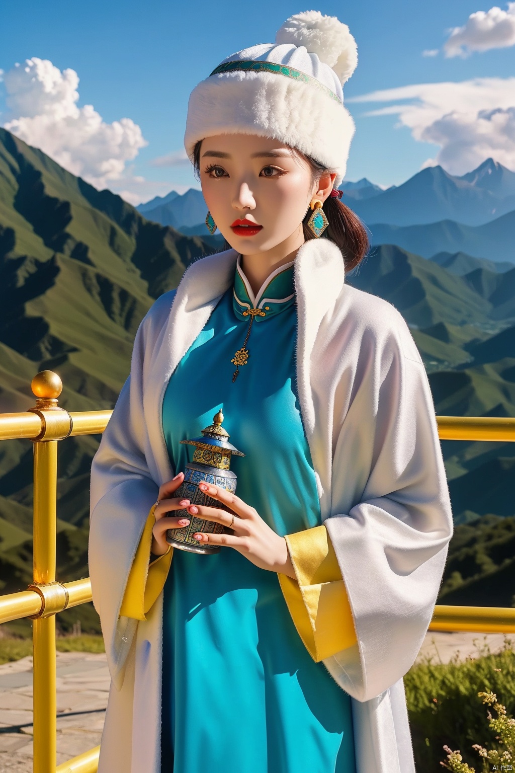  (Masterpiece, top quality, best quality, official art, beauty and aesthetics: 1.2), White Tibetan clothing,1girl, blue sky, cloud, cloudy sky, day, earrings,Plush hat, horizon,Chinese Tibetan clothing,Tibetan Earrings,Silver Tibetan prayer wheel,Tibetan girl , jewelry, lips, mountain, outdoors, parted lips, red lips, sky, solo, upper body,Holding a Tibetan prayer wheel in hand, 8k, crazy details, complex details,