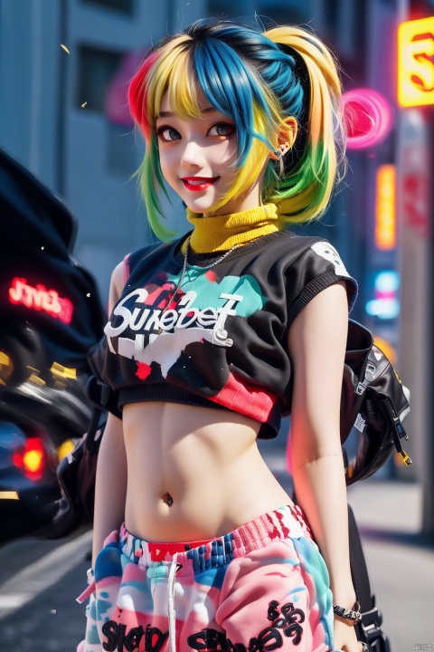  illustration, best quality, ultra-detailed, super detailed skin,cute, lovely, extremely detailed,8K,solo,1girl, detailed background,urban, 💫,⭐️,🌟,✨,night,dynamic angle,beautiful eyes,blash,smile,(streetwear:1.5),street style ,(emphasis splatter ),splatter,graffiti,spraycan,❤️,motion,navel,(croptop:0.8),(ear piercing:0.7),two-tone hair color,(cool),(HDR:1),wind
,(jitome:1.2),perfect hand,active,RETRO ART STYLE, NEON_POP ART STYLE, ART STYLE, hands behind back, yunqing, newspaper
