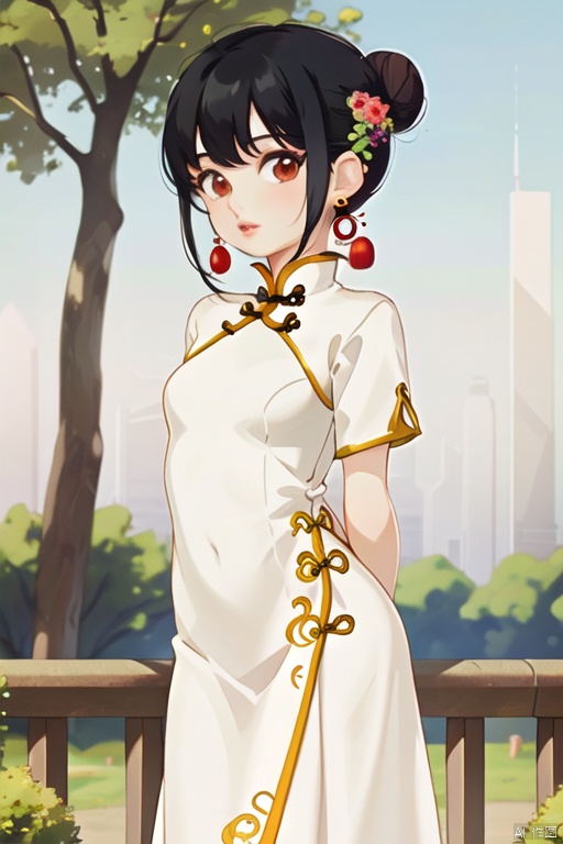  1girl, dress, solo, black hair, chinese clothes, jewelry, earrings, white dress, looking at viewer, china dress, arm behind back, hair bun, day, standing, red lips, tree, short sleeves, outdoors, blurry, bracelet, short hair, architecture, lips, long dress
,
Negative prompt:
