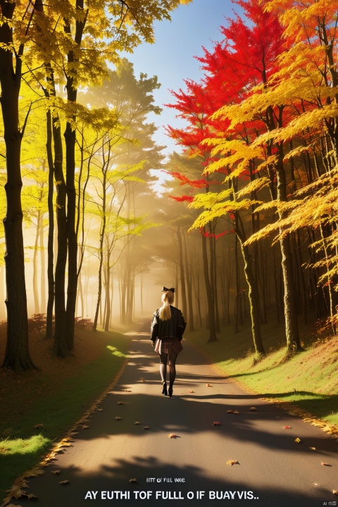  1girl, solo, looking at viewer, sitting, fox ears, full body, strappy heels,plaid shirt, short sleeves,jacket, bow, bangs, low ponytail, blonde hair fox tail, fox girl, kitsune, ((autumn, outdoors, day, forest, falling leaves, bird, leaf)), (fog, dyntall effect), (wide shot, panorama, full body, depth of field),(movie poster,english text),(Flagstone road,branches)
