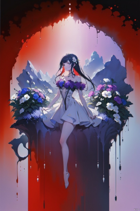  1girl, long hair, flower, Lisianthus, in the style of red and light azure, dreamy and romantic compositions, red, ethereal foliage, playful arrangements, fantasy, high contrast, ink strokes, explosions, over exposure, purple and red tone impression, abstract, whole body capture, ,
, 1girl
