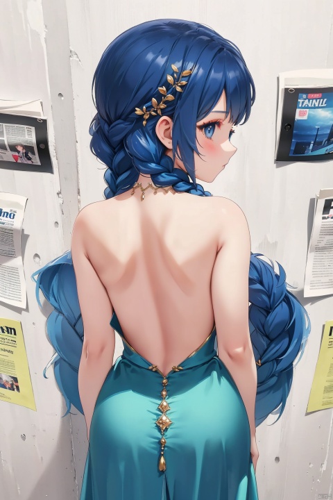  1 girl, blue hair, blue double braids, blue eyes (like sapphire), formal dress, semi backless, neckband, skirt, newspaper wall background,Facing the audience directly,The upper part of the back is exposed,