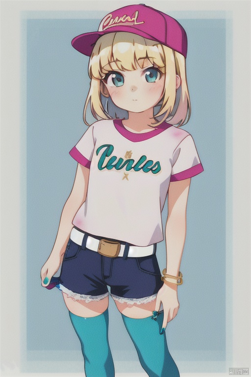  1girl, bangle, bangs, baseball_cap, belt, blonde_hair, blue_bow, blue_headwear, blue_legwear, blue_nails, blue_shorts,