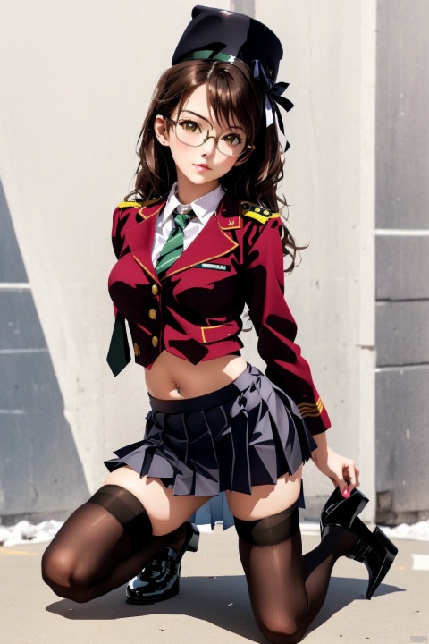  1girl, solo, long hair, looking at viewer, skirt, brown hair, thighhighs, navel, pleated skirt, necktie, shoes, glasses, midriff, striped, cosplay, kneeling, black necktie, striped thighhighs,thighhighs, hat, shoes, uniform, high heels, white thighhighs, military, cosplay
