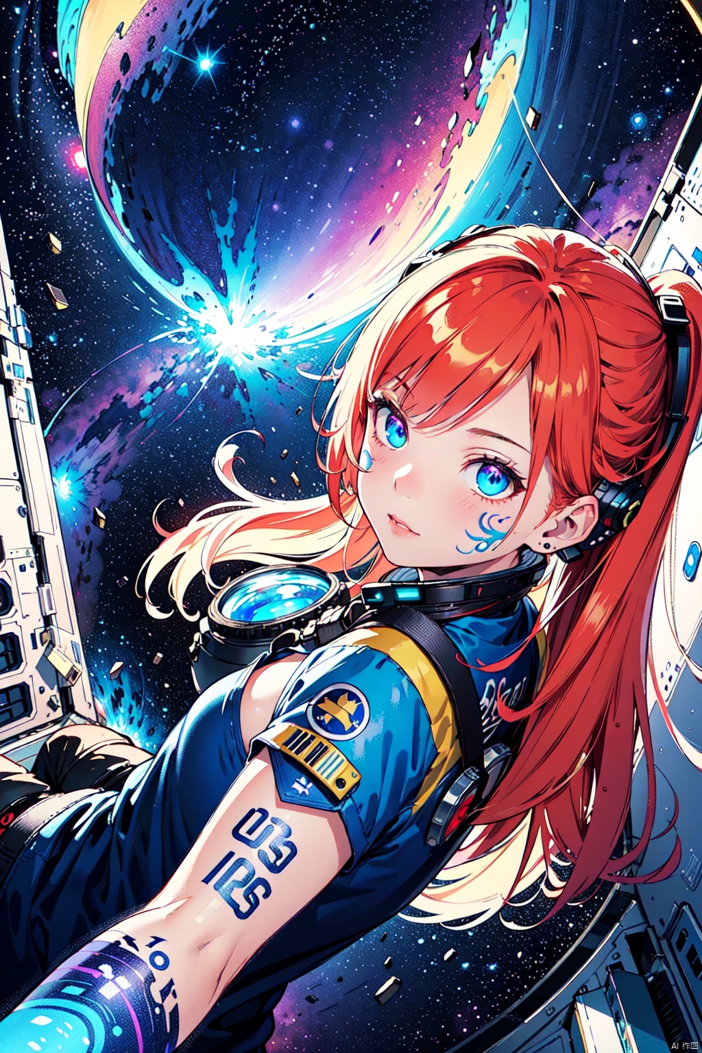 masterpiece,best quality,Cell shaded illustration. Petite female astronaut with very long glowing light red hair,hair floating in zero gravity,floating in the window of her space station looking at a vibrant,blue and violet nebula,Shoulders back. perfect face.. electric blue glowing swirl tattoos. Glowing gold eyes. below perspective bottom perspective,(realistic art style),