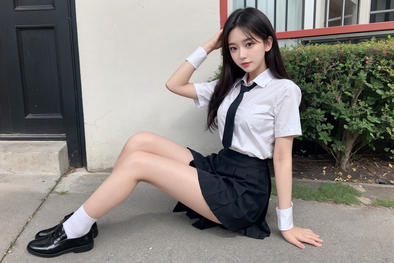  Best quality, 1girl, xtt's body,(school uniform),full body, Wearing black Pleated skirt, wearing white pantyhose , photo pose,, shapely body,midnight, xtt, aki