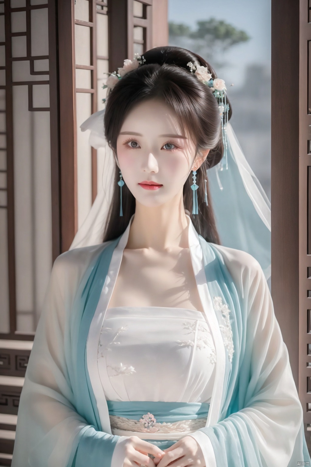  1 bride,25岁,Chinese ice crystal diamond earrings,be richly attired and heavily made-upEye shadow,blusher,Dress,chest,be shy,Hanfu,(clothes),streamer,Transparent coat,(gauze headscarf）
