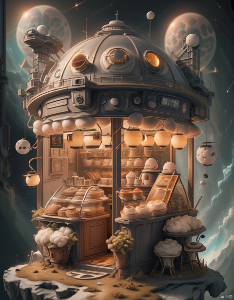 1cafe in the space,spacecraft, space, black hole, Wool felt,there are cat ears in the shop,
(masterpiece:1,2), best quality, masterpiece, highres, original, extremely detailed wallpaper, perfect lighting, cat ears, Light master, nanyingyan