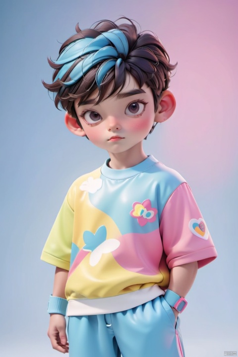  Realistic 3D cartoon style rendering, boys, summer trendy fashion clothing, colorful sportswear, new trendy portraits, fashionable illustrations, vibrant colors, neon realism, made by pop Mart, glossy and delicate, clean background, 3D rendering, OC rendering, 8K,